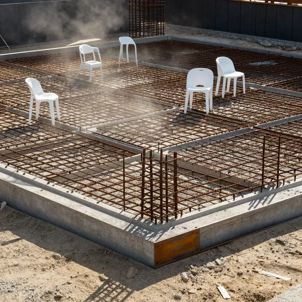 Bingkai asas cerucuk dengan grid tetulang dan blinding konkrit di tapak kerja.